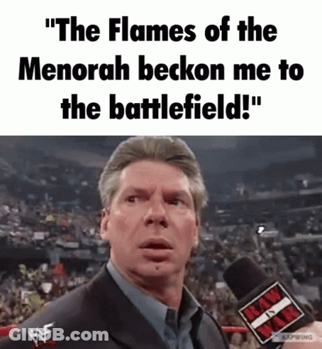 Man Talking Into Microphone Saying The Flames Of The Menorah Beckon Me To The Battlefield GIF