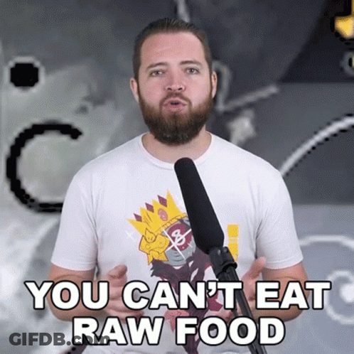Man Talking Into Microphone Saying You Can't Eat Raw Food GIF