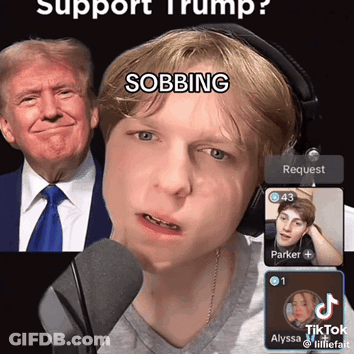 Man Talking Into Microphone With Donald Trump Behind Him GIF