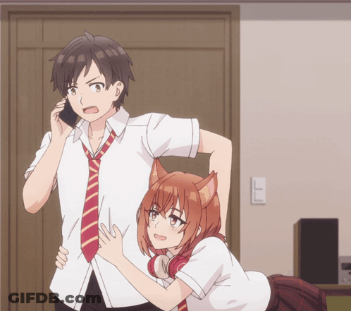 Man Talking On Cell Phone Beside Girl With Cat Ears GIF