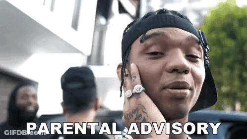 Man Talking On Cell Phone Saying Parental Advisory GIF