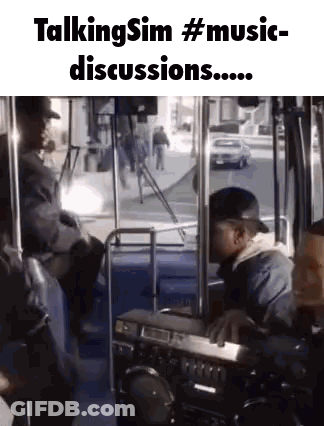 Man Talking To Another Man On Bus Playing Boombox GIF