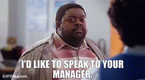 Man Talking To Another Man Saying I'd Like To Speak To Your Manager GIF
