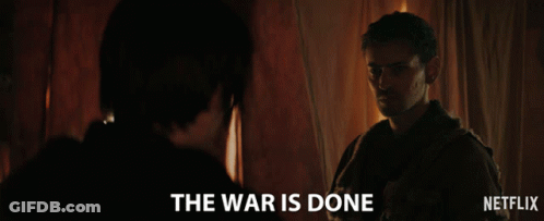 Man Talking To Another Man Saying The War Is Done GIF