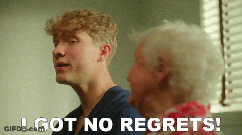 Man Talking To Older Woman Saying I Got No Regrets GIF