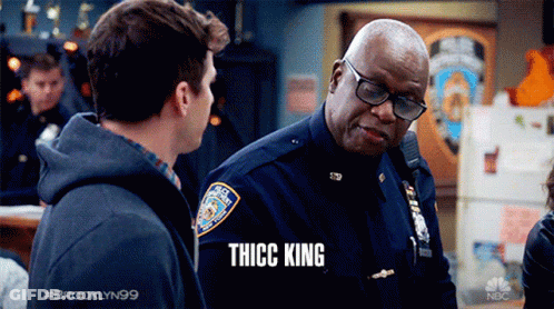 Man Talking To Police Officer With Thicc King Shirt GIF