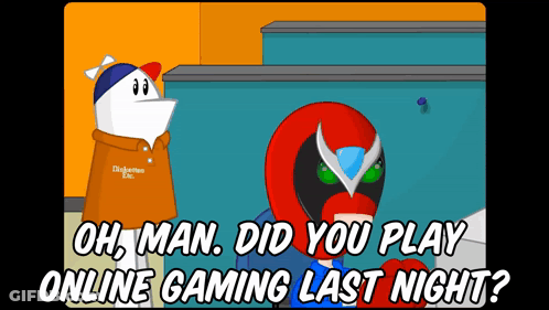 Man Talking To Red Superhero Did You Play Online Gaming Last Night GIF