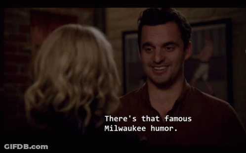 Man Talking To Woman Saying There's That Famous Milwaukee Humor GIF
