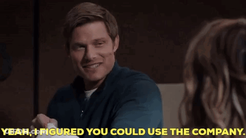 Man Talking To Woman Saying Yeah I Figured You Could Use The Company GIF
