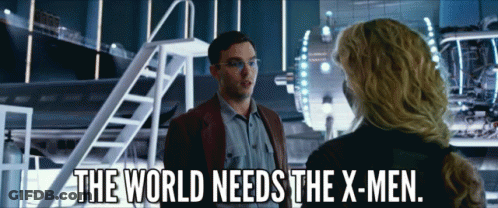 Man Talking To Woman With X-Men Words GIF