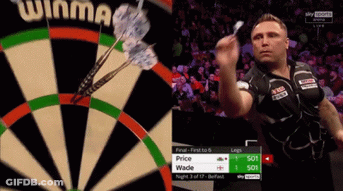 Man Throwing Dart At Winmac Dartboard GIF