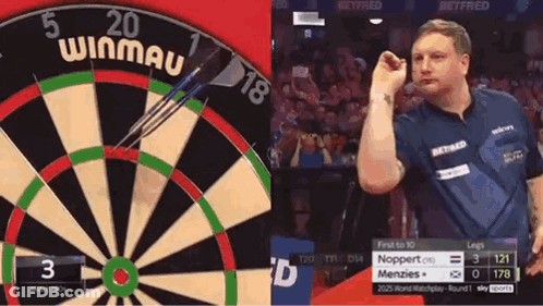 Man Throwing Dart At Winmau Board GIF