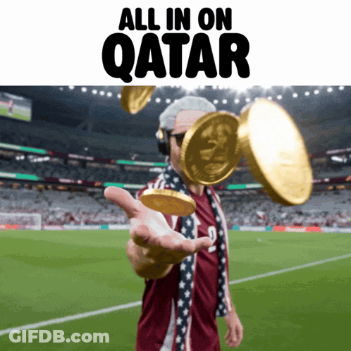 Man Throwing Gold Coins Soccer Field All In On Qatar GIF