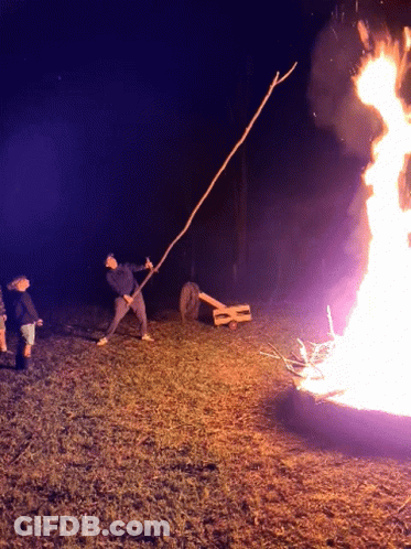 Man Throws Stick By Large Fire GIF