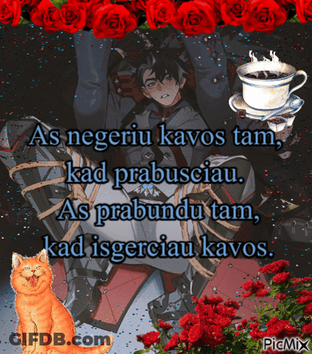Man Tied Up With Coffee And Cat GIF