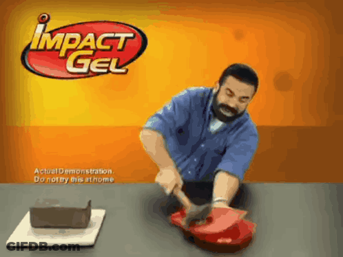 Man Using Hammer On Red Impact Gel GIF