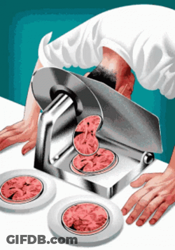 Man Using Meat Slicer For Hamburger Patties GIF