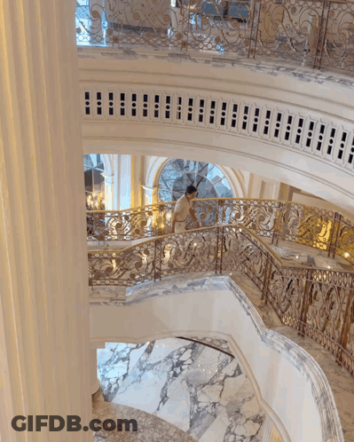Man Walking Down Staircase With Fancy Railing GIF