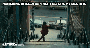 Man Walking Down Stairs Watching Bitcoin Dip Right Before My DCA Hits GIF