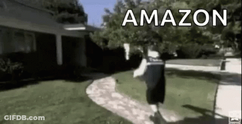 Man Walking Past House With Amazon Sign GIF