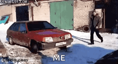 Man Walking Past Red Car Saying Me GIF