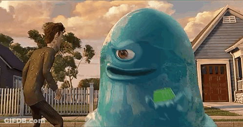Man Walking Towards Blue One-Eyed Monster GIF