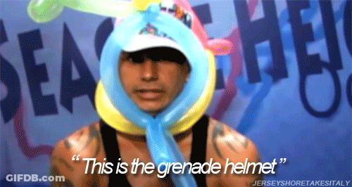 Man Wearing Balloon Helmet Says Grenade Helmet GIF