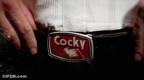 Man Wearing Belt With Cocky Buckle GIF