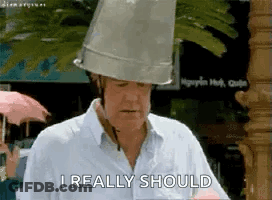 Man Wearing Bucket On Head Saying I Really Should GIF