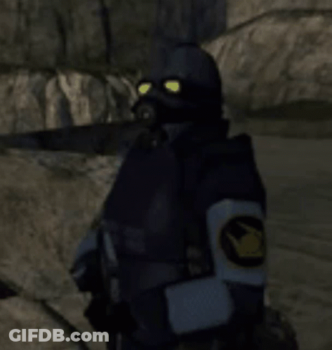 Man Wearing Gas Mask And Badge On Arm GIF