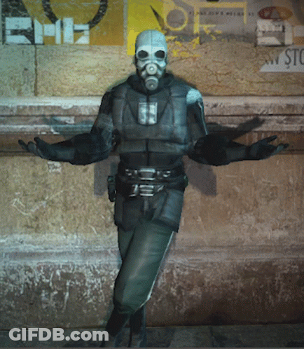 Man Wearing Gas Mask In Front Of Wall With Sign Eh GIF