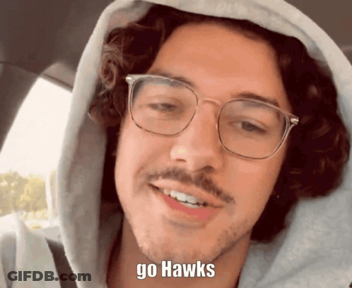 Man Wearing Glasses And Hoodie With Go Hawks GIF