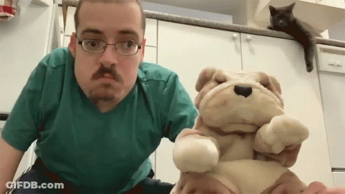 Man Wearing Glasses Holding Stuffed Dog GIF