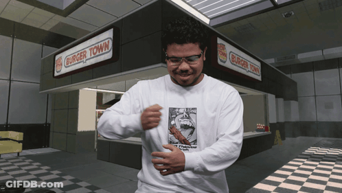 Man Wearing Glasses In Front Of Burger Town GIF