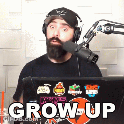 Man Wearing Headphones And Hat In Front Of Microphone Saying Grow Up GIF