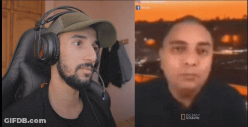 Man Wearing Headphones And Hat Next To Picture Of Man With Beard GIF