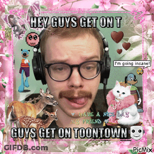 Man Wearing Headphones And Mustache Hey Guys Get On Toontown GIF