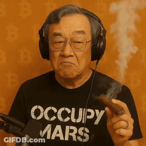 Man Wearing Headphones And Occupy Mars Shirt Smoking Cigar GIF