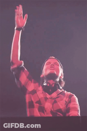 Man Wearing Headphones And Plaid Shirt Raising Hands GIF