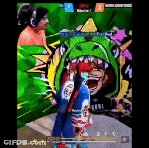 Man Wearing Headphones In Front Of Cartoon Character In Green Hat GIF