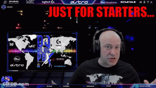 Man Wearing Headphones In Front Of Just For Starters Screen GIF