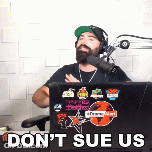Man Wearing Headphones In Front Of Laptop Saying Don't Sue Us GIF