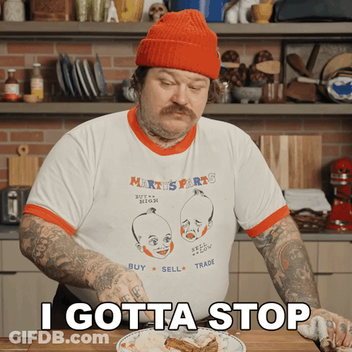 Man Wearing Marty's Parts Buy High Sell Low Trade Shirt GIF