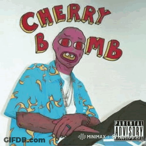 Man Wearing Mask And Blue Shirt On Cherry Bomb Album Cover GIF