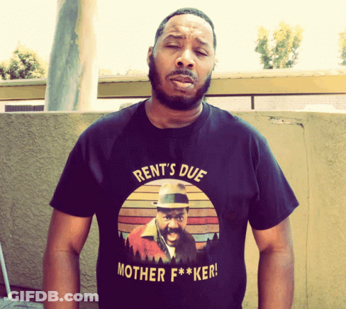 Man Wearing Rent Due T-Shirt GIF
