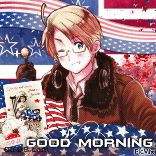 Man With American Flag Saying Good Morning GIF