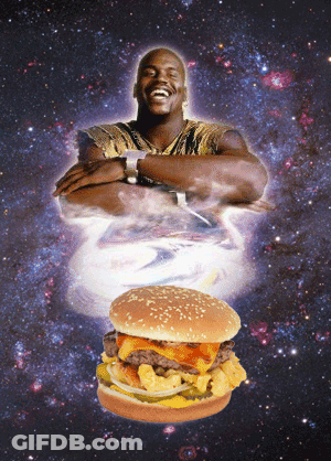 Man With Arms Crossed And Floating Hamburger GIF