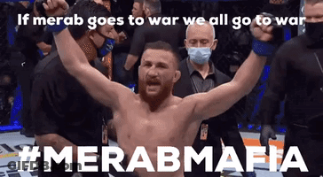 Man With Arms In Air Saying If Merab Goes To War We All Go To War GIF