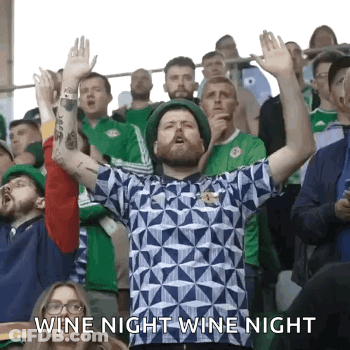Man With Arms In Air Says Wine Night GIF
