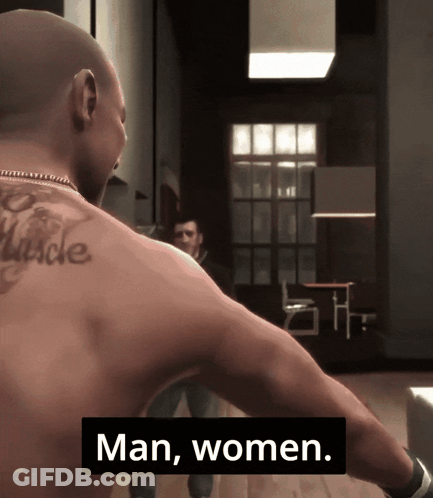 Man With Back Tattoo Talking To Woman GIF